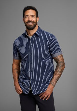 Man's World Kurzarmhemd MANS WORLD, Herren, Gr. XXXL (47/48), N-Gr, blau (marine gestreift), Web, Obermaterial: 100% Baumwolle, gestreift, comfort fit h&uuml;ftlang, A