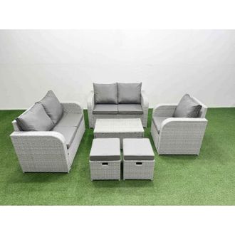 Fimous High Back Poly Rattan Garden Furniture Set with Reclining Chair Loveseat Sofa Rectangular Coffee Table Indoor Outdoor Patio Set 3 Stools 2 Side Table