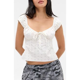 BDG Hallie Embroidered Eyelet Cap Sleeve Cotton Top in White at Nordstrom, Size X-Small