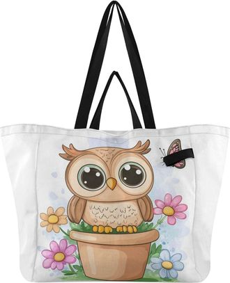 Generic Owl Flowerpot White print Reusable Canvas Tote Bag, Heavy Duty Grocery Shopping Bag with Double Handles Large Capacity Hard Bottom Work Groceries Trav