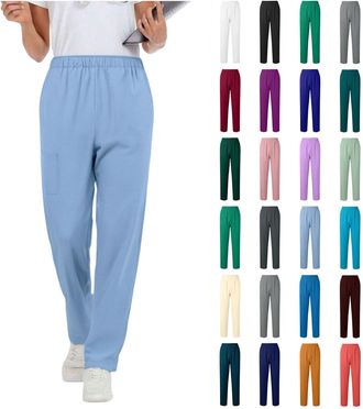 Generic Women Work Trousers Casual Loose Straight Leg Trouser Elasticated Waist Wide Leg Pull on Pants with Side Pocket Plain Soft Stretch Fall Ladies Pant Tr