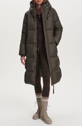 Varley Katya Long 800 Fill Power Down Puffer Jacket in Dark Olive Metallic at Nordstrom, Size Medium