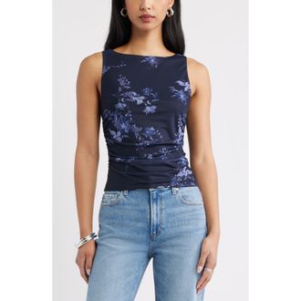 Open Edit Ruched Mesh Tank in Navy- Blue Garden Trails at Nordstrom, Size Xx-Small