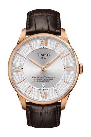 Tissot Mens Chemin des Tourelles Powermatic 80 Croc Embossed Leather Strap Watch, 42mm in Silver at Nordstrom Rack
