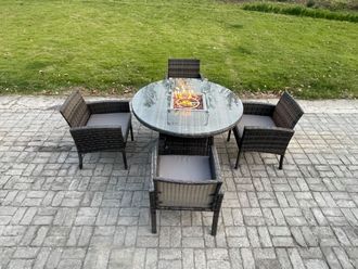 Fimous Outdoor PE Rattan Garden Furniture Set Gas Fire Pit Round Table Sets Gas Heater with 4 Seater Dining Chairs Dark Grey Mixed