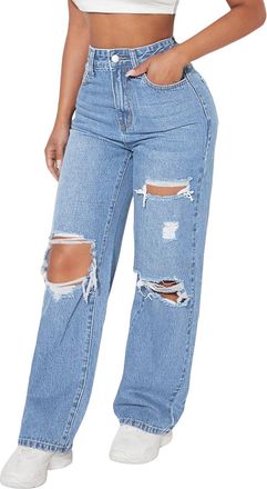 Generic Womens Casual High Waist Baggy Jeans Stretch Ripped Destroyed Womens Jeans Denim Straight Trousers Denim Trousers (Light Blue, M)
