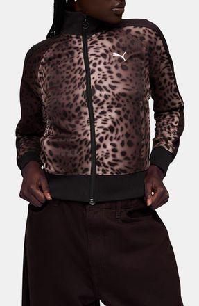 Puma T7 Leo Luxe Leopard Zip Front Sweatshirt in Puma Black at Nordstrom, Size X-Small
