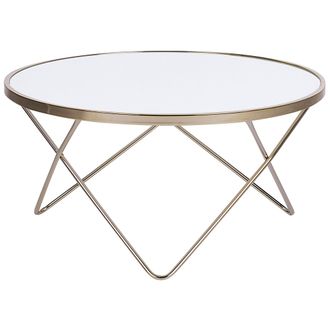 Beliani Beliani - Mesa De Centro Tablero De Cristal Templado Blanco Patas De Horquilla De Metal Dorado Forma Redonda Meridian Ii