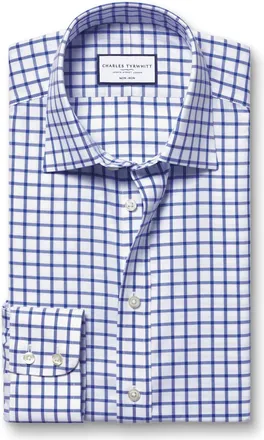 CHARLES TYRWHITT Non-Iron Twill Checkered Cotton Formal Shirt - Cobalt Blue Single Cuff Size Medium by Charles Tyrwhitt