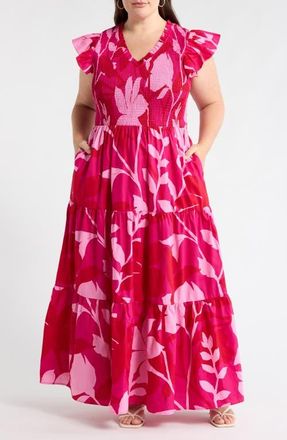 Sugarlips Mila Floral Sunfire Smocked Cotton Tiered Maxi Dress in Magenta-Cherry at Nordstrom, Size 3X