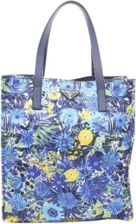 Prada Pre-owned Tote Bags, female, Blue, Size: ONE SIZE Pre-owned Tessuto Stampato Nylon Saffiano Leather Tote Bag