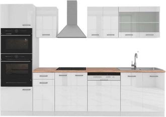 Vicco Cucina componibile R-Line, Bianco lucido/bianco, 300 cm con armadio alto, PL Rovere, Vicco