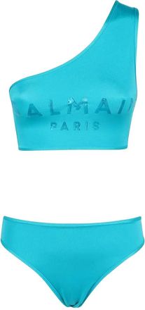 Balmain logo-print one-shoulder bikini - women - Elastane/Polyamide - 34 - Blue