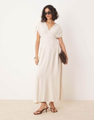 Asos ruched shoulder drop waist midi dress in linen oat-Neutral