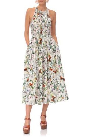 Avec Les Filles Floral Smocked Bodice Linen Blend Midi Dress in Butterfly Floral at Nordstrom Rack, Size 12