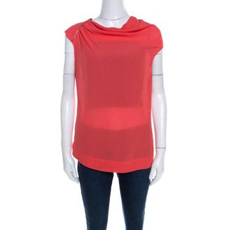 Escada Coral Orange Silk Embellished Cowl Neck Sleeveless Neslisah Top