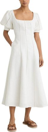 Reiss Petite Riva Linen Puff Sleeve Embroidered Midi Dress