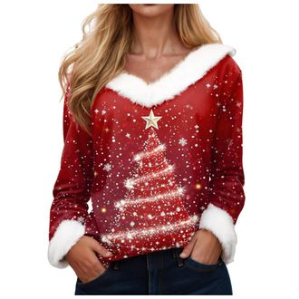 Generic Christmas Sweatshirt for Women UK Sexy Slim Xmas Tops Soft Long Sleeve Cozy Holiday Sweater Christmas Tree and Snowflake Printed Jumpers Funny Soft Ne