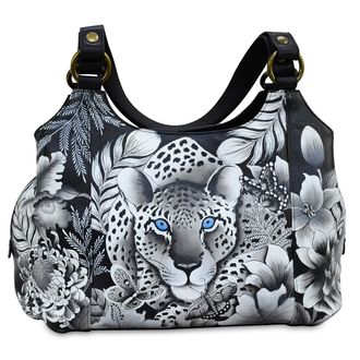 Anuschka Womens Genuine Leather Large Triple Compartment Hobo - Hand Painted Exterior - Cleopatras Leopard