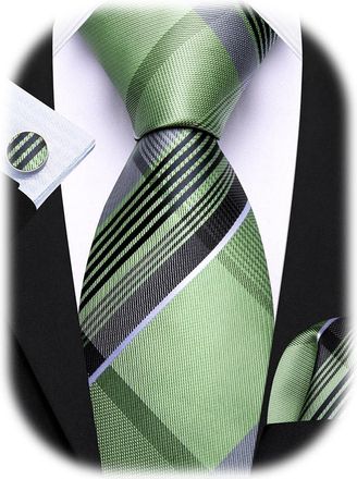 Barry.Wang Mens Green Ties Plaid Striped Extra Long Necktie Silk Pocket Square Cufflinks Wedding Formal