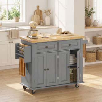 HOMCOM Rolling Kitchen Island Cart with Rubber Wood Top, Spices in Grey