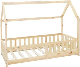 ML Design ML-Design Letto a Casetta per Bambini 80 x 160 cm Naturale, in Legno Massello, Struttura con Protezione Anticaduta, Tetto e Rete a Doghe, Lettino a