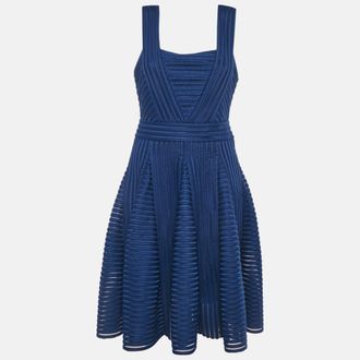 Maje Navy Blue Striped Jersey & Mesh Sleeveless Mini Dress