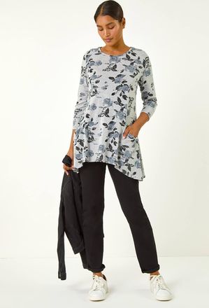 Roman Floral Print Pocket Detail Tunic Stretch Top