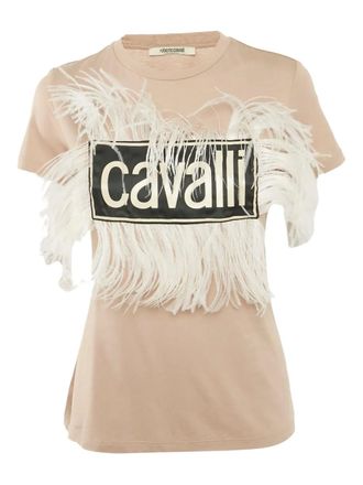 Roberto Cavalli T-shirt met veren afwerking en logo - Beige