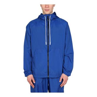 Marcelo Burlon Rain Jackets, male, Blue, Size: M Cross Print Nylon Windbreaker