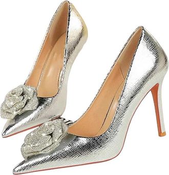 Generic Women Pointed Toe High Heel Pumps Elegant Party Thin Floral Crystal Party Dress Shoes Silver