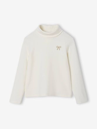 Vertbaudet Rollkragenpullover M&auml;dchen, Fleece, mit Glitzer-Schleifenstickerei wollwei&szlig;