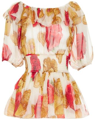 Dolce & Gabbana 2018 Silk Cookie Rose Smocked Top, Size It 38 (Authentic Pre- Loved)