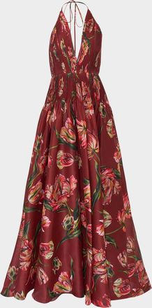 Carolina Herrera Plunging Halter Pleated Drop-Waist Gown