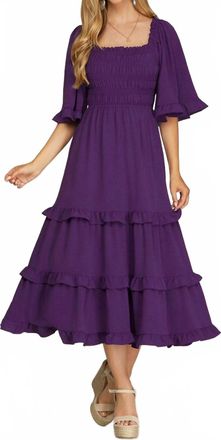 She + Sky Bell Sleeve Square Neck Smocked Tiered Midi Dress In Violet
