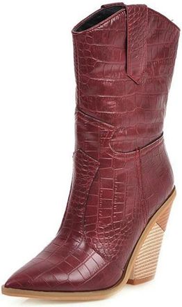 Generic Womens Winter Chunky Heel High Heel Mid Calf Boots 8cm Geometric Heel Sexy Ankle Boots With Fish Scale PU Upper(Rosso,10.5)
