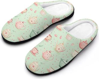 Generic Teacups Teapots Pattern Cotton Slippers for Women Indoor Outdoor Slipper Slip-On Memory Foam Home Shoes