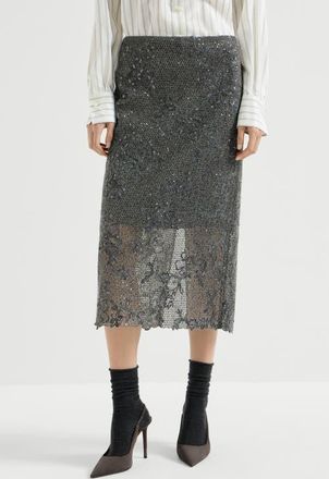 Brunello Cucinelli Dazzling lace embroidery pencil skirt in sparkling mohair and wool in Dark Grey at Nordstrom, Size 40