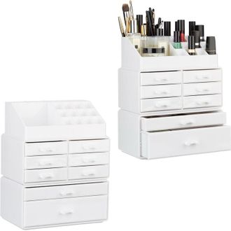 Relaxdays Set of 2 Relaxdays Makeup Organizers with Drawers, Stacking Makeup and Jewellery Box, Acrylic Cosmetic Kit, White