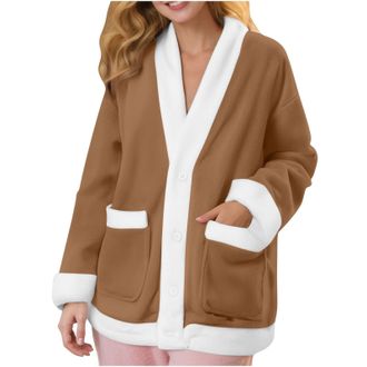 Generic Womens Fuzzy Fleece bed Jacket Soft Cozy Warm V-Neck Button up Sleepwear Long Sleeve Winter Pajama with Pockets