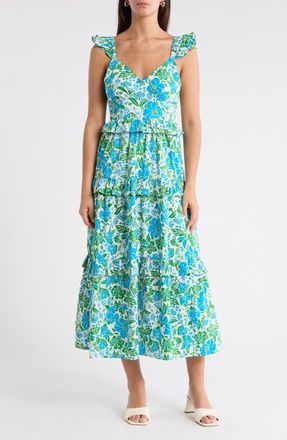 Sugarlips Bivore Floral Print Ruffle Maxi Dress in Blue-Green-White at Nordstrom, Size X-Small