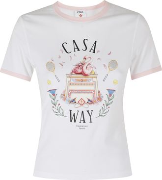 Casablanca White Pink Longline Ringer Graphic Print Organic Cotton T-Shirt