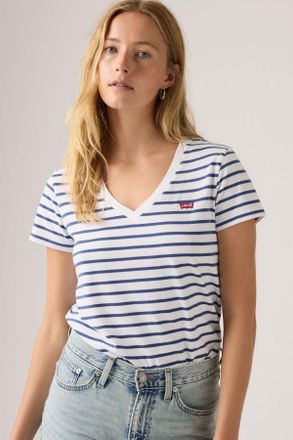 Levi's Camiseta de cuello de pico Perfect - Mujer - L - Blanco / Emily Stripe Bright White Sunshine Blue