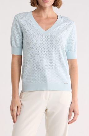 T Tahari V-Neck Mitered Pointelle Sweater in Ice Blue at Nordstrom Rack, Size X-Small