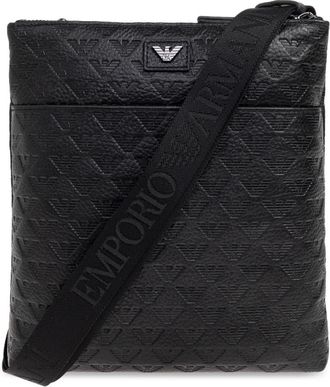 Emporio Armani Platte leren schoudertas met all-over reli&euml;f adelaar - Heren - Schoudertassen - Zwart - ONE Size - Leer - Tassen