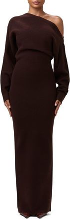 Naked Wardrobe One-Shoulder Long Sleeve Maxi Sweater Dress in Dark Chocolate at Nordstrom, Size X-Small