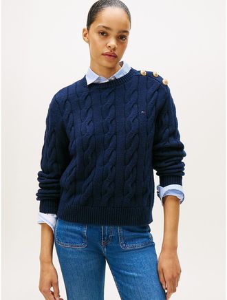 Tommy Hilfiger Womens Gold-Button Cable Knit Sweater - Blue - XXL