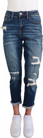 Judy Blue Mid Rise Thermal Boyfriend Distressed Jeans In Blue