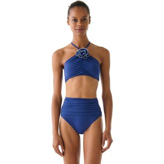 Kate Spade New York Contrast Rosette Solids High Neck Bra Top in North Sea at Nordstrom, Size X-Large