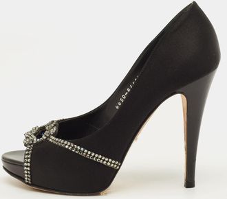 Gina Size 38 Black Satin Crystal Embellished Platform Pumps